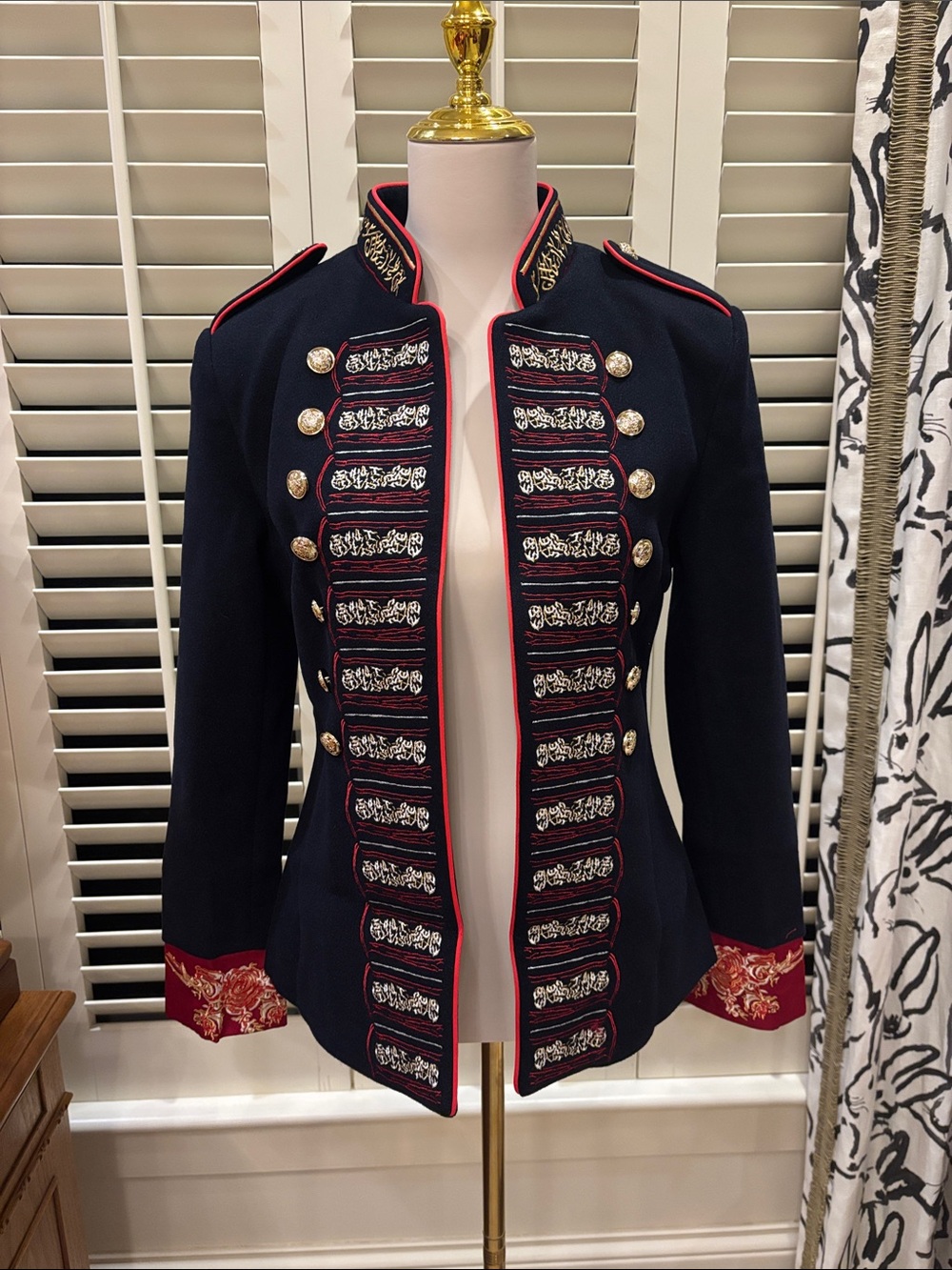Navy Military-Style Embroidered Blazer with Red Trim